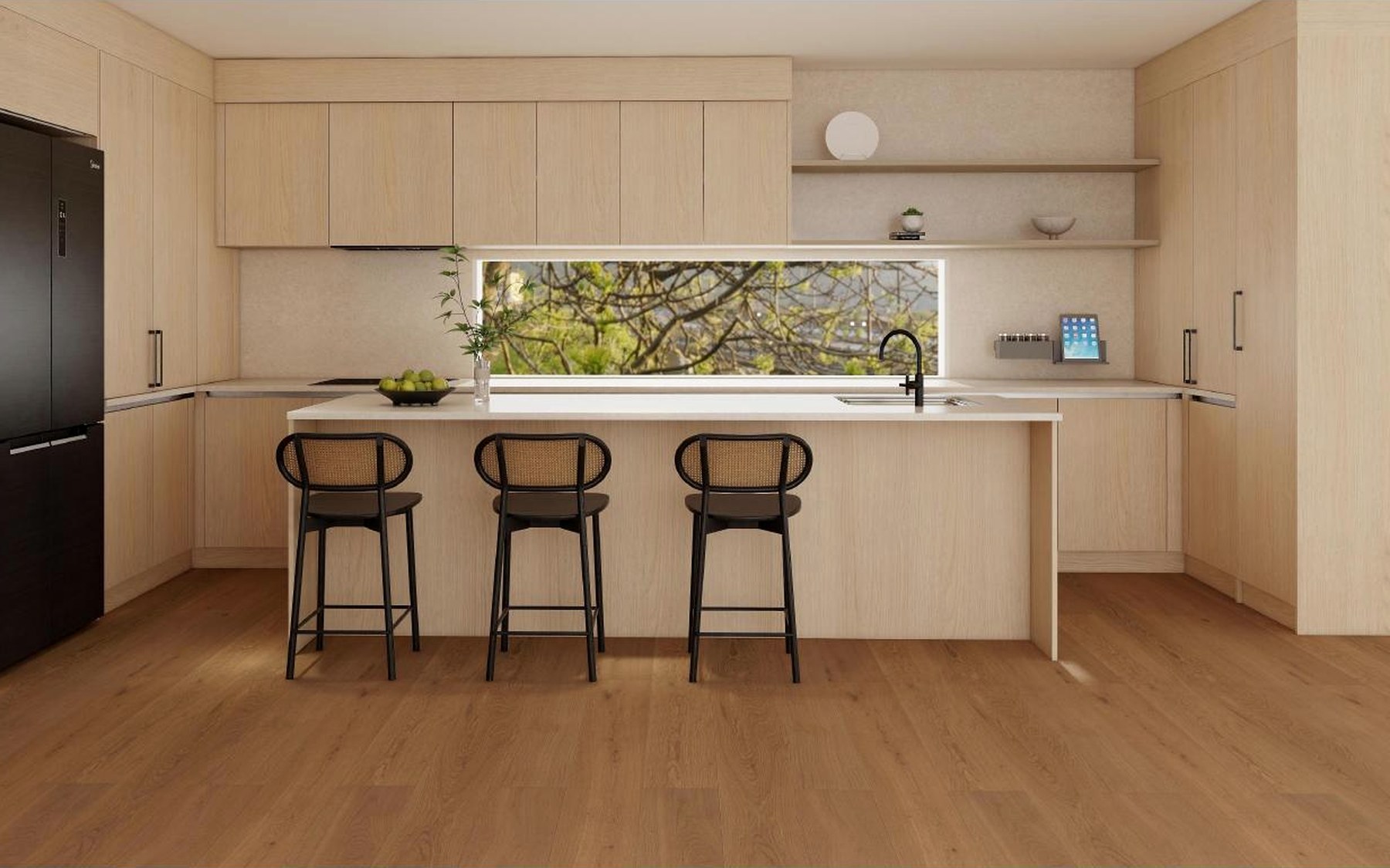 Pale timber kitchen concept with island and integrated storage