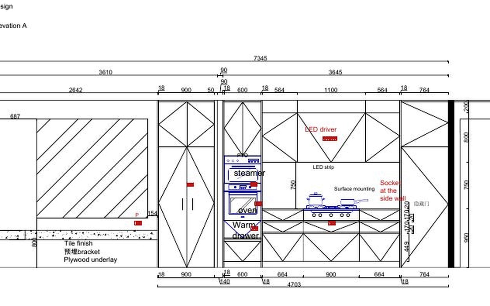 Dimensioned kitchen joinery elevation drawing